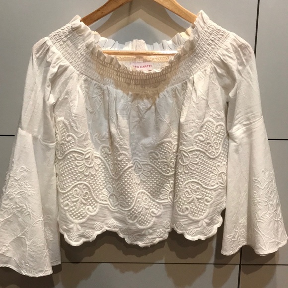 Red Carter Tops - Red Carter Embroidered Off the Shoulder Crop Top